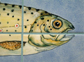 detail of handpainted trout tiles